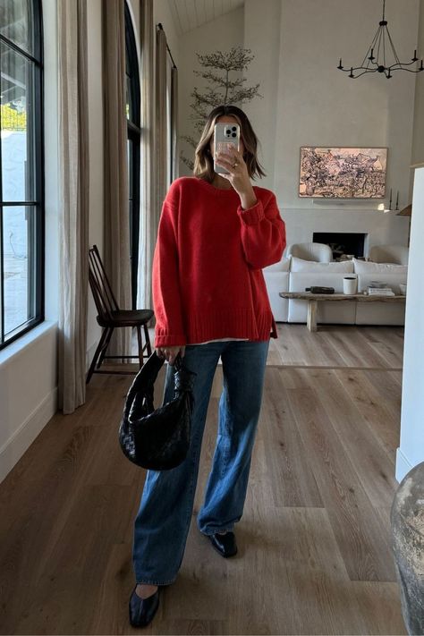 if you need a casual holiday outfit, this combo wins every time. red is the color of the season, and this red sweater is working overtime in my wardrobe. tap to shop this look! Red Sweater Outfit Winter, Red Outfit Casual, Cashmere Sweater Outfit, Red Sweater Outfit, Guest In Residence, Spring Sweater Outfits, Red Cashmere Sweater, Casual Holiday Outfits, Winter Sweater Outfits