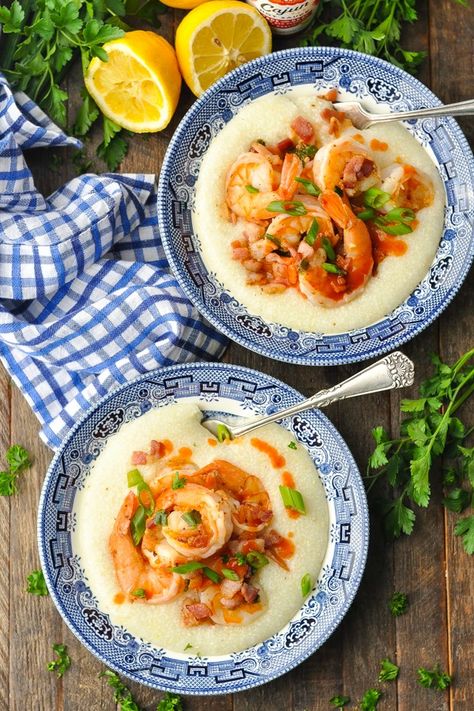 This quick Southern Shrimp and Grits recipe is an easy dinner for busy weeknights or a special brunch for a slow Sunday morning! Shrimp Recipes | Easy Dinner Recipes Shrimp Recipes Easy Dinners, Southern Shrimp And Grits, Virginia Farmhouse, Cajun Shrimp And Grits, How To Cook Grits, Shrimp N Grits Recipe, Slow Sunday, Cheesy Grits, The Seasoned Mom