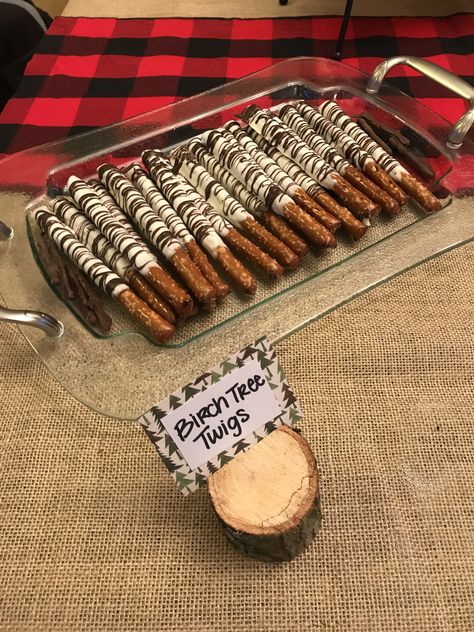 Birch tree twigs pretzel rods Woodland Pretzel Rods, Birch Tree Twigs Pretzels, Birch Tree Pretzel Rods, Birch Pretzel Rods, Lumberjack Candy Table, Woodland Trail Mix Bar, Lumberjack Baby Shower Theme Food, Woodsy Baby Showers, Happy Camper Birthday Party