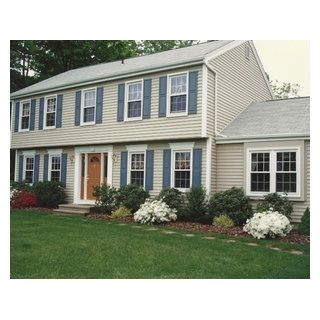 Beige Shingle Style Siding Blue Shutters Connecticut - Traditional - Exterior - Bridgeport - by Sidetex Company | Houzz Cream House Exterior, House Exterior Colors Blue, Navy Shutters, Beige House, Tan House, Grey Siding, Shutter Colors, Ohio House, White Shutters