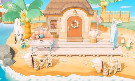 Laura 🌸 on Instagram: “Marina’s beach house 🐙🌸🌴 Inspired by @_horriblegaming 💕 . . . 🏷 #acnh #ac #animalcrossing #animalcrossingnewhorizons #newhorizons…” Acnh Beach Resort, Acnh Villager Beach House, Acnh Tropical Beach, Acnh Happy Home Paradise Tropical, Acnh Flamingo Beach, Jungle Resort, Tropical Beach Houses, Tropical Animals, Beach House Exterior