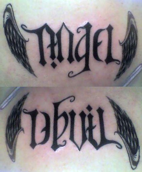 Angel Word Tattoo, Angel Devil Tattoo, Ambigram Tattoo, Devil Angel, Word Tattoo, Devil Tattoo, Demon Tattoo, Angel Devil, Ange Demon