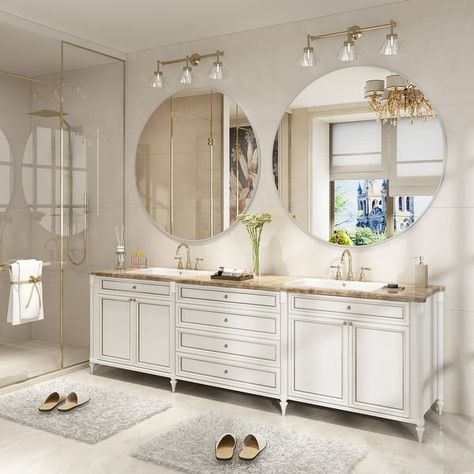 Full Size Round Bathroom Vanity Mirror Cleats Mounted Wall Covering - On Sale - Bed Bath & Beyond - 40376257 Round Wall Decor, Wall Decor Bathroom, Bathroom Vanity Designs, Vanity Wall Mirror, Mirror Ideas, Vanity Set With Mirror, Vanity Design, Double Vanity Bathroom, French Cleat