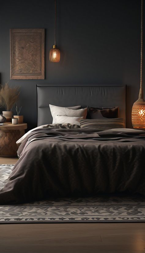 Dark Cosy Bedroom Inspirations, Dark Walls White Bedding, Dark Neutral Bedroom Cozy, Bedroom Dark Grey Bed, Dark Cosy Bedroom Ideas, Dark Bedspread, Dark Tone Bedroom, Dark Scandinavian Bedroom, Dark Grey Bedroom