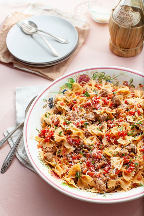 Mrs. Iaciofano’s Farfalle ##bowtie ##crushedtomatoes ##extravirginoliveoil ##farfalle ##italiansausage ##parmesancheese ##pasta ##wholepeeledtomatoes Farfalle Recipes, Pasta Sausage, Sausage Dinner, Farfalle Pasta, Meal Inspiration, Famous Recipe, Sausage And Peppers, Pasta Pasta, Marketing Director