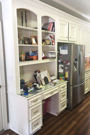 Desk in the kitchen - are they still used? Convert Kitchen Desk To Pantry, Built In Kitchen Desk Makeover, Kitchen Desk Remodel, Office In Kitchen, Kitchen Desk Ideas, Kitchen Desk Areas, Kitchen Work Station, Desk Nook, Kitchen Built In