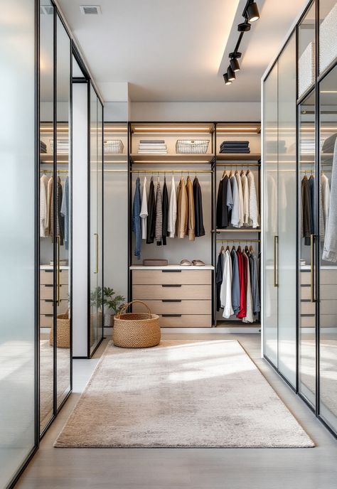 Walk in Closet Ideas Closet Rugs Walk In, Closet With Seating, Boutique Style Closet, Walk In Closet Ideas, Transitional Closet, Coordinate Outfits, Smart Closet, Corner Closet, Closet Storage Systems