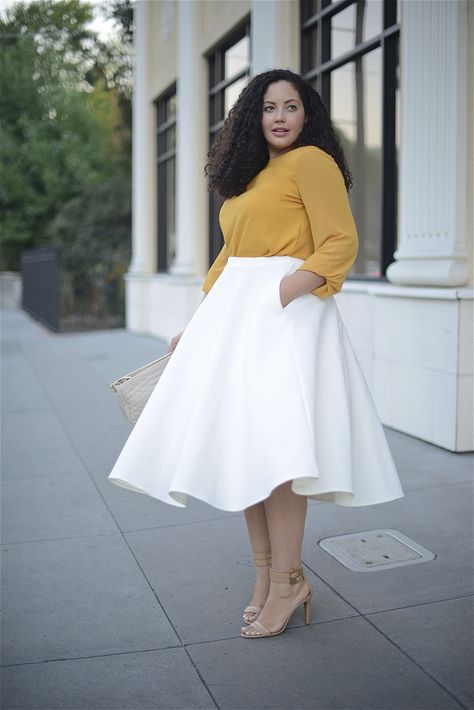 Sometimes all it takes is a good twirl to brighten the mood.   (love this mustard sweater in +) Skirt :: Asos (similar he Sukienki Plus Size, Look Plus Size, Trendy Skirts, Plus Size Fashion For Women, Plus Size Skirts, White Skirt, Curvy Girl Fashion, Curvy Outfits, Mode Inspiration