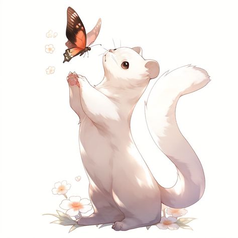 Cute white ferret sticker trying to catch a butterfly floating in the air Cute Ferrets Drawings, Pet Ferret Aesthetic, Ferret Fantasy Art, Cute Ferret Art, Ferret Drawing Reference, Anime Ferret, Cute Ferret Drawings, Stoat Art, Ferret Reference