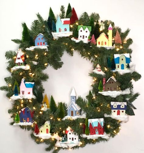 What is a Putz House? And How do You Make one? - Paper Glitter Glue Putz House Wreath, Christmas Village Wreath, Village Wreath, Holiday Houses, Stick Christmas Tree, Retro Christmas Decorations, Putz House, Silver Christmas Decorations, Christmas Houses