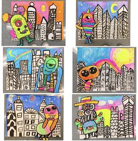 Cassie Stephens: Let it Glow: Monsters in the City! Art Ideas 2nd Grade, Art Lessons 2nd Grade, Art Projects Second Grade, Art Projects For Grade 1 And 2, Architecture Art Lesson Elementary, City Art Project, Elementary Architecture Art Projects, Glow Art Projects, Back To School Art Projects Elementary