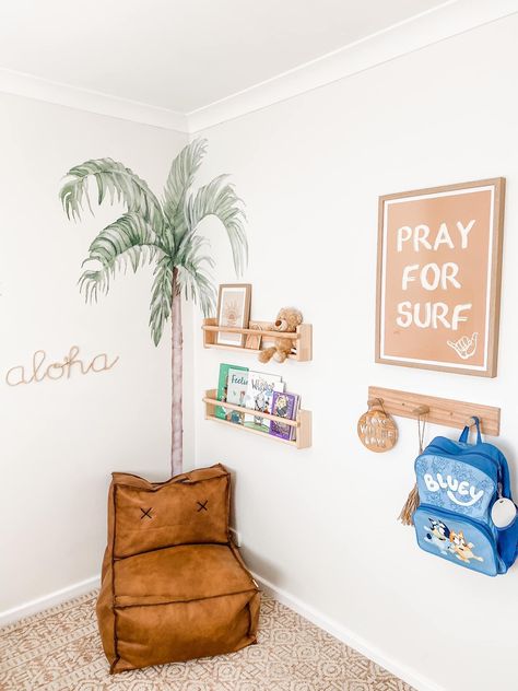 Pray For Surf Bedroom, Surfer Themed Room, Surf Boho Bedroom, Hawaii Themed Nursery, Surfer Playroom, Surfer Toddler Room, Beach Themed Playroom, Toddler Ocean Room, Surf Playroom