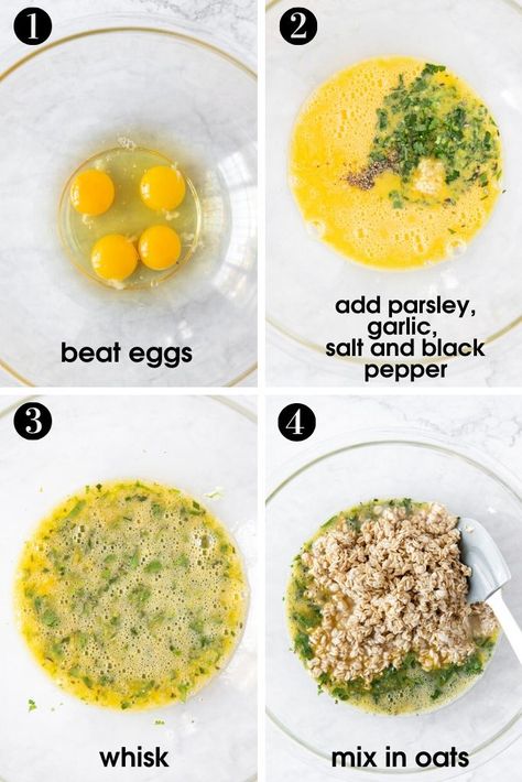 These delicious savory oatmeal bars are made with just six simple ingredients. Easy to make by soaking rolled oats in water, then adding eggs, parsley, minced garlic, salt and pepper to them, and baking for 30 minutes. Breakfast or snack any time. Oat With Egg, Egg Oats Breakfast, Oatmeal Salty Recipes, Eggs And Oats Recipe, Savory Rolled Oats Recipe, Savoury Oats Breakfast, Savory Oatmeal Bake, Oats And Eggs Breakfast, Oatmeal And Eggs Breakfast