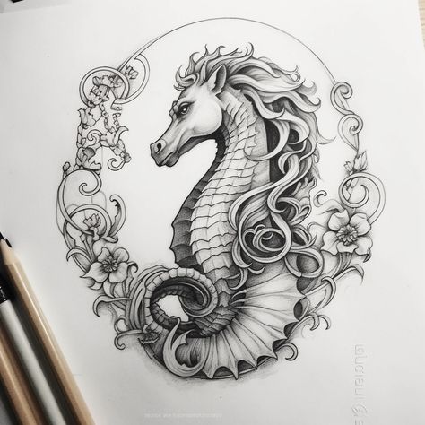 Hippocampus Mythology, Seahorse Tattoo Design, Nautical Drawing, Ocean Sleeve Tattoos, Badass Drawings, Seahorse Tattoo, Greek Mythology Tattoos, Mythology Tattoos, Forearm Tattoo Women