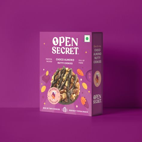 Open Secret | Thought Over Design Cereal Box Packaging, Cookie Packaging Design, Purple Packaging, Healthy Food Branding, Glass Shelves Decor, Packaging Snack, Organic Packaging, Healthy Cereal, Unhealthy Snacks