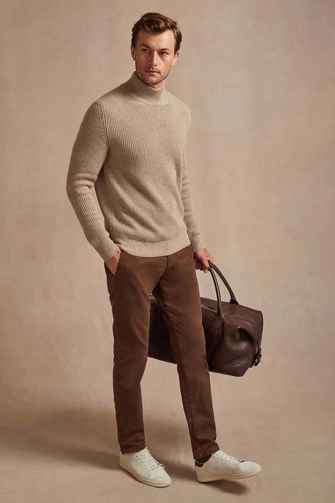 Turtleneck And Cardigan Outfit, Outfit With White Sneakers, Mens Turtleneck Outfits, Turtle Neck Outfit Men, White Turtleneck Outfit, Brown Jeans Outfit, Turtleneck Outfit Men, Winter Wear For Men, Turtleneck Outfits