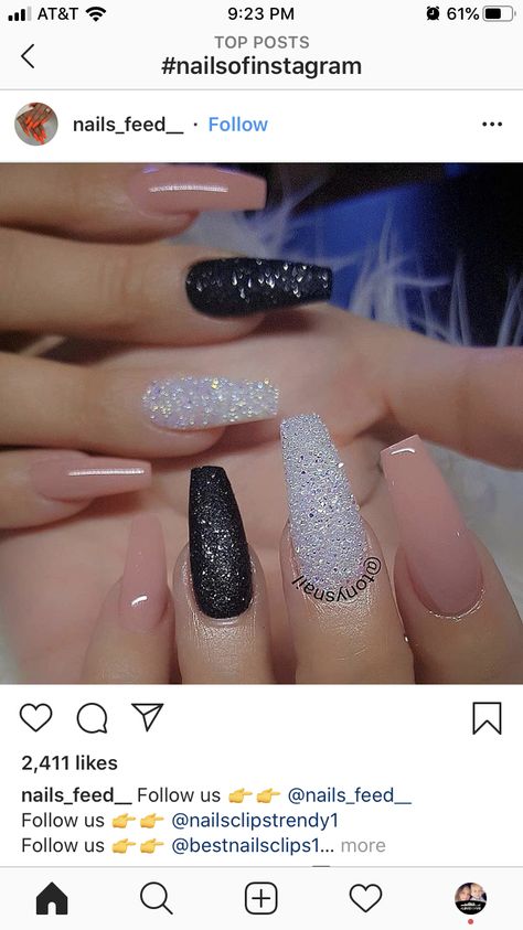 Black Silver And Pink Nails, Black White Glitter Nails, Pink Silver Black Nails, Black White Pink Nails, Silver And Pink Nails, Black Sparkle Nails, Dark Pink Nails, Metallic Nail, Light Pink Nails