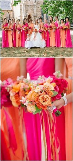 Blue And Pink Bridesmaid Dress, Tropical Wedding Dress Bridesmaid, Hot Pink And Orange Wedding Theme, Vibrant Summer Wedding Colors, Bridesmaid Dresses Bright Colors, Orange And Pink Bridesmaid Dresses, Texmex Wedding, Pink Dress For Wedding Guest, Pink And Orange Bridesmaid Dresses