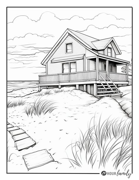 beach coloring pages Outdoor Coloring Pages, Beach House Drawing, Beach Coloring Pages, Sports Coloring Pages, Animals Flowers, Camping Tents, Beach Shack, Perspective Drawing, Drawing For Beginners