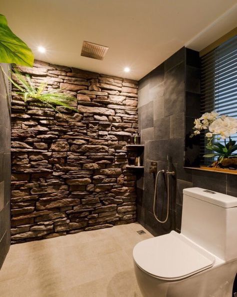 Stacked Stone Bathroom, Tile For Shower Walls, Stone Shower Walls, Tile Tub, Japandi Bathroom, Bathroom Aesthetics, Stone Wall Design, Stone Shower, Bathroom Shower Design