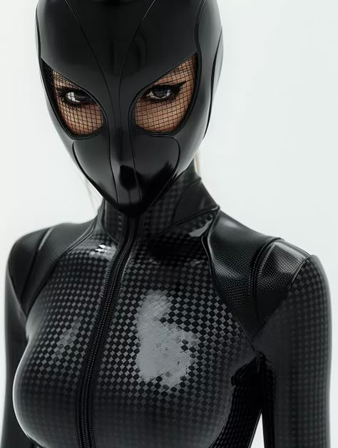 The image is a 3D rendering of a woman wearing a black latex bodysuit and a mask with a metal mesh over the eyes. The suit has a quilted pattern and a zipper in the front ->> more details in ai-img-gen.com Latex Suit Costume, Latex Suit Woman Costume, Black Latex Bodysuit, Black Latex Outfit, Black Full Bodysuit, Latex Masks, Neutral Expression, Catsuit Outfit, Catsuit Bodysuit