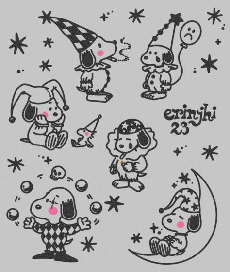 Kidcore Tattoo, Pochacco Tattoo, Snoopy Tattoo Ideas, Kewpie Tattoo, Snoopy Tattoo, Funky Tattoos, Clown Tattoo, Doodle Tattoo, Hand Poked Tattoo