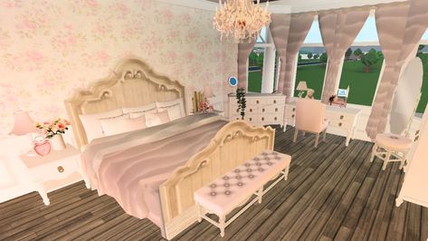 Day Bed Bloxburg, Bloxburg Couqutte House, Coquette Room Bloxburg, Pink Victorian House Bloxburg, Bloxburg Pink Castle, Bedroom Ideas Coquette, Coquette Blocksburg Room, Bloxburg Bedroom Ideas, Bloxburg Inspiration