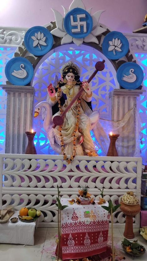 Saraswati Puja Pandal Decoration Ideas, Saraswati Pujo Decoration, Saraswati Puja Decoration Ideas, Saraswati Puja Decoration, Puja Decoration Ideas, Saraswati Puja Pandal, Thermocol Design, Lord Saraswati, Devi Murti