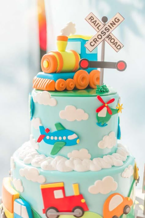 Planes And Trains Birthday Party, Trains Planes And Automobiles Birthday, Transportation Birthday Party Cake, Baby Boy 1st Birthday Cake Ideas, Train Cakes For Boys, Transportation Birthday Cake, Planes Trains And Automobiles Party, Kue Mickey Mouse, Birthday Cake Ideas For Boys