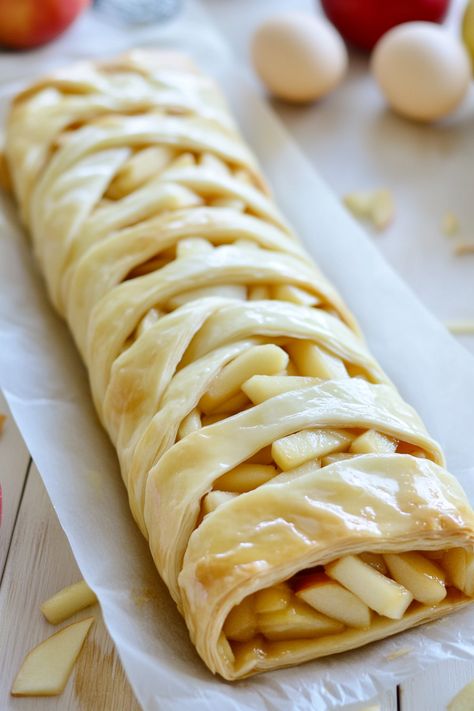 Apple Puff Pastry Braid Recipe Baked Bree Puff Pastry Apples, Apple Puff Pastry Recipes, Apple Recipes With Puff Pastry, Puff Pastry Apple Pie, Whipped Greek Yogurt, Braid Bread, Puff Pastry Braid, Apple Braid, Pastry Braid