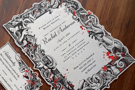 Awesome zombie invitation http://shewalkssoftly.com/2011/09/11/emily-bawn-zombie-invitations/# Zombie Invitations, Zombie Wedding, Zombie Gifts, Halloween Wedding Invitations, Wedding Fairy, Masquerade Wedding, Zombie Birthday, Zombie Party, Skull Wedding