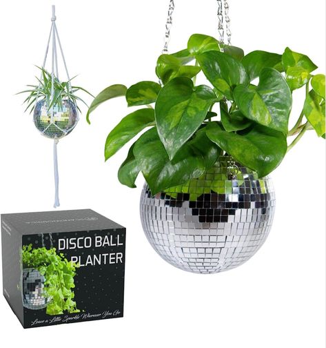 Disco Planter with Chain, Macrame Hanger and Acrylic Stand for Desk, Includes Self Watering Insert, Disco Ball Plant Hanger | 6 inch Silver Disco Planter, Disco Ball Hanging, Disco Ball Planter, Disco Ball Decor, Disco Decorations, Kitchen Herbs, Macrame Hanger, Acrylic Stand, Hanging Planter