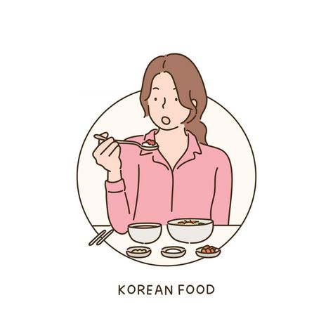 A woman is eating Korean food. hand drawn style vector design illustrations. Salad Drawing, Korean Illustration, Fashion Figure, Fashion Figure Drawing, Design Illustrations, Food Drawing, Girls Illustration, Korean Food, Figure Drawing