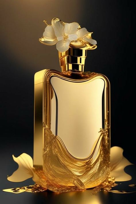 Gold Perfume Aesthetic, Unique Perfume Bottles, Perfume Painting, Perfume Images, Fragrance Bottle Design, Luxury Perfume Packaging, Kate Spade Perfume, Luxurious Perfume, Gold Perfume