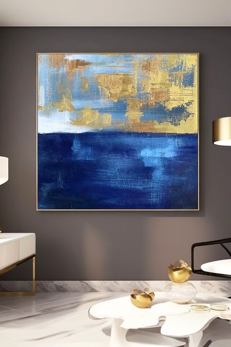 Original handmade abstract painting with navy blue, light blue and gold tones, featuring bold brushstrokes and textured canvas Blue And Gold Art, Navy Blue And Gold Living Room, Abstract Blue Painting, Blue And Gold Abstract Art, Blue And Gold Canvas Art, Abstract Art Blue Gold, Blue And Golden Painting, Abstract Painting Blue Gold, Blue And Gold Living Room