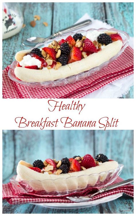 Adkins Recipes, Breakfast Banana Split, Drink Breakfast, Breakfast Banana, Banana Split Dessert, Healthy Kitchen, Food Cake, Banana Split, Breakfast Food