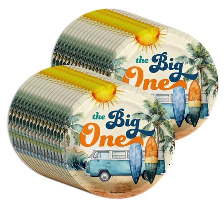 Celebrate your little one's first birthday with The Big One Surfer Party Supplies! This bulk set includes 32 large 9" paper plates featuring a colorful surfing design. Perfect for any surfer-themed party, add a fun touch to your celebration with these plates.