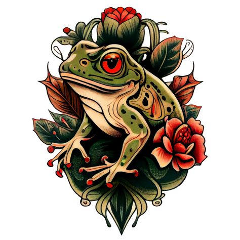 frog tattoo Frog Rose Tattoo, Frog And Bee Tattoo, Kambo Frog Tattoo, Traditional Frog Tattoo Flash, Frog Traditonal Tattoo, Green Frog Tattoo, Old School Frog Tattoo, Lucky Frog Tattoo, Frog Flash Tattoo