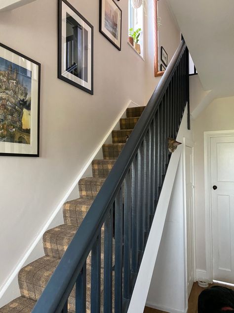 Painted Banister Ideas Colour, Painted Banister Ideas, Painted Bannister, Slaked Lime Mid, Farrow Ball Railings, Painted Banister, Painted Hallway, Slaked Lime, Light Gray Carpet