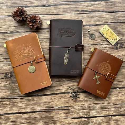 Our Traveler's notebook is made of crazy horse leather on the outside and quality paper inside. It is completely hand-stitched. We hope this leather journal could record your life memories and inspire you to write more. It is a perfect gift for those people who love traveling, hiking, golfing or fishing. SIZE/WEIGHT -Small: 135x105 mm-5.3x4.1 inches-230 g -Medium: 175x110 mm-6.9x4.3 inches-310 g -Large: 220x155 mm-8.7x6.1 inches-550 g LEATHER I use A-class crazy horse leather, of the best qualit Leather Travel Journal, Vintage Writing, Leather Diary, Gifts For My Girlfriend, Beautiful Notebooks, Leather Notebook, Personalized Journal, Personalized Birthday Gifts, Crazy Horse