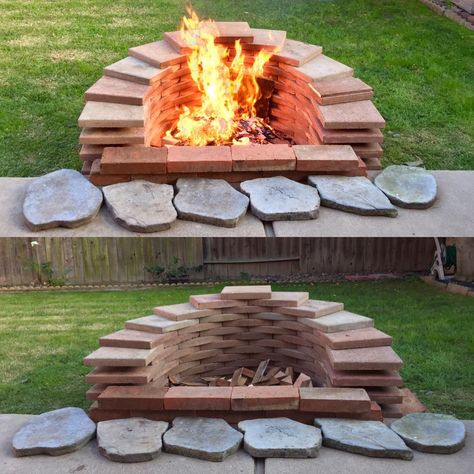 Backyard fire pit built with spare square bricks Backyard Landscapes, Fire Pit Gallery, Outside Fire Pits, Fire Pit Ideas, Brick Fire Pit, Outdoor Fire Pit Designs, Fire Pit Ring, Privacy Landscaping, Fire Pit Furniture