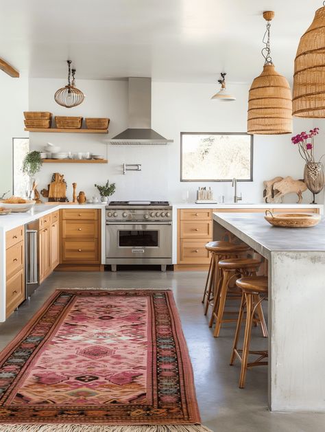 17 Modern Boho Kitchen Design Concepts Boho Concrete Floors, White Kitchen Boho Modern, Boho Island Kitchen, Concrete Floor Kitchen Modern, Concrete Kitchen Flooring, Bohemian Kitchen Backsplash Ideas, Kitchen Design Eclectic, Southwest Modern Kitchen, Eclectic Minimalist Kitchen