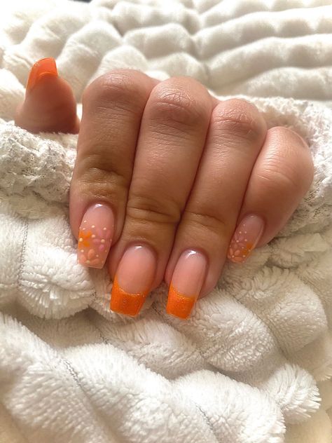 Orange And White Prom Nails, Orange Nails For Prom, Orange Prom Nails Short, White Nails With Orange Flower, Orange Nails White Flowers, Orange Flower Nails, Prom Nails, Flower Nails, Orange Flowers