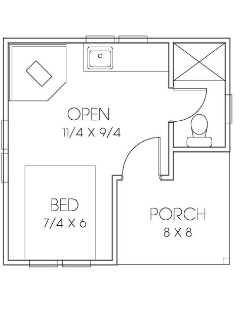 Plan 423-66 - Houseplans.com I would push out the bathroom so the wall is flush with the front door,  then you could probably fit a sink Micro Apartments, Space Layout, Studio Floor Plans, Granny House, Studio Floor, Bungalow Style House, Deer Camp, Bungalow Style House Plans, Cottage Floor Plans