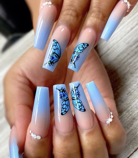 Acrylic Butterfly Nail Designs, Nails Baterflay, Buterfluffy Nails, Half Butterfly Nails, Light Blue Butterfly Nails, Light Blue Nails Butterfly, Nail Ideas With Butterflies, Acrylic Nails Blue Butterfly, Nails Acrylic Butterfly