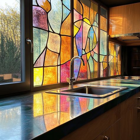 A stained glass kitchen is a vibrant and artistic space where functionality meets timeless beauty. The cabinets and windows are adorned with intricate stained glass panels that catch the light, casting colorful reflections throughout the room. Each piece of stained glass is carefully crafted, featuring patterns inspired by nature, geometric designs, or abstract art, creating a unique and personalized aesthetic. The interplay of light through the glass transforms the kitchen into a dynamic env... Stained Glass Reflection Aesthetic, Stained Glass Above Doorway, Stained Glass Bedroom Window, Stained Glass Panels Ideas, Diy Stain Glass Art, Stained Glass In House, Stained Glass In Kitchen, Stained Glass Greenhouse, Stained Glass Reflection