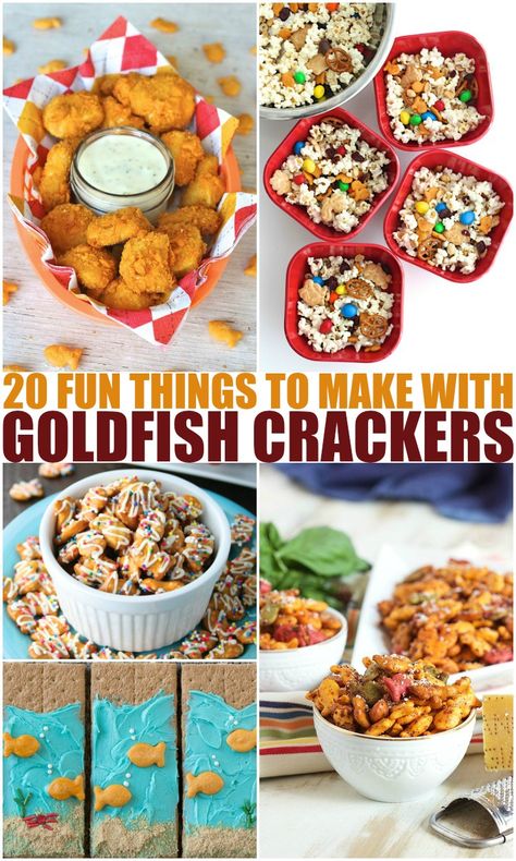 Does your child love Goldfish Crackers? All mine do, and truth be told, I do too! Here are some fun recipes to make, that all include our favorite fishy treat! Ranch Goldfish Crackers Goldfish & Marshmallow Snack Mix Goldfish Chicken Nuggets Goldfish Trail Mix Goldfish Cracker Bites Chipotle Chicken Goldfish Crackers Princess Goldfish Mix Under … Snacks With Goldfish Crackers, Goldfish Crackers Ideas, Trail Mix With Goldfish, Gold Fish Snack Ideas, Goldfish Mix Recipe, Goldfish Snack Ideas, Chex Mix With Goldfish, Fish Snacks For Preschool, Recipes With Goldfish Crackers