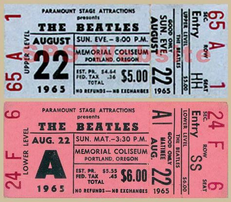 Ticket stubs from The Beatles concert in Portland, Oregon on August 22nd 1965. The Beatles 1, Vintage Concert Posters, Vintage Music Posters, Concert Ticket, Concert Tickets, Vintage Music, Concert Posters, Music Poster, The Beatles