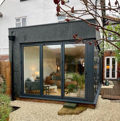 Dark Conservatory, Egg Blue Kitchen, Duck Egg Blue Kitchen, Rear Extension Ideas, Extension House, Home Extension Ideas, Flat Roof Extension, Back Extension, House Extension Plans