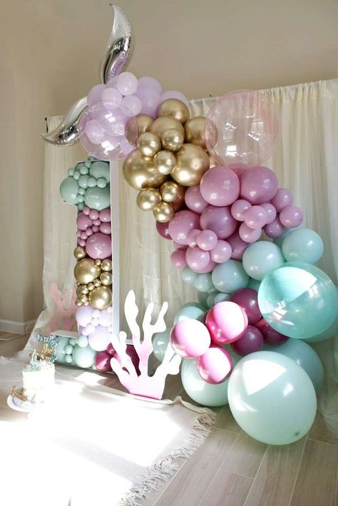 Oneder The Sea Balloon Arch, First Shellabration, Shellebration Party, Under The Sea Im Turning 3, Two The Sea Birthday Party Girl, Under The Sea 1st Birthday Girl, Oneder The Sea 1st Birthday, Sea Birthday Party Decorations, Sea Birthday Party Ideas